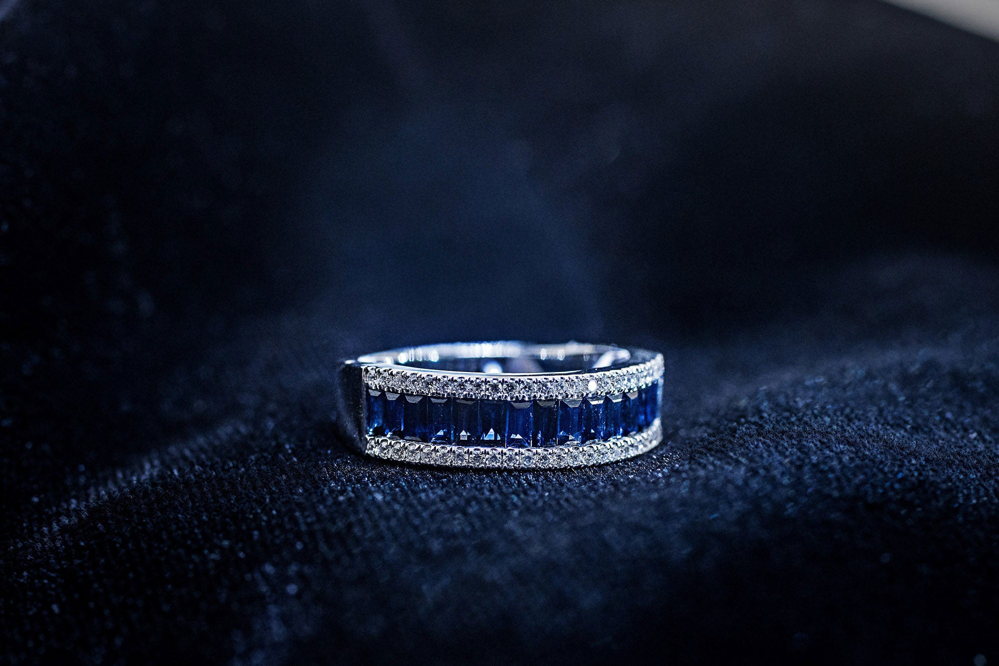 Channel-set baguette blue sapphire band