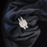 Blue sapphire and diamond halo engagement ring, top view